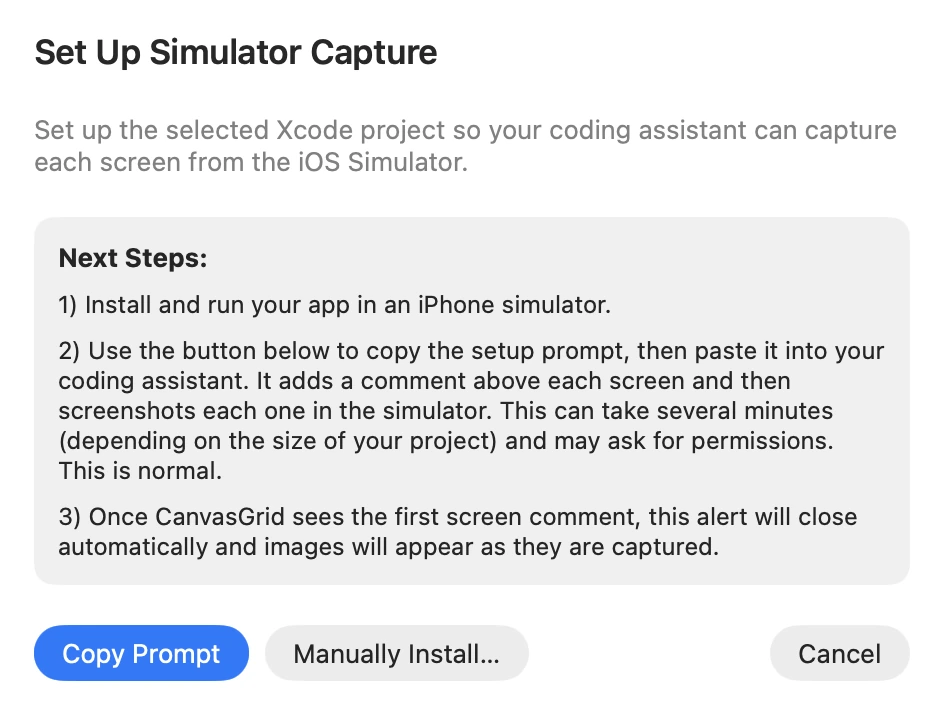 CanvasGrid's Set Up Simulator Capture sheet with its Copy Prompt button