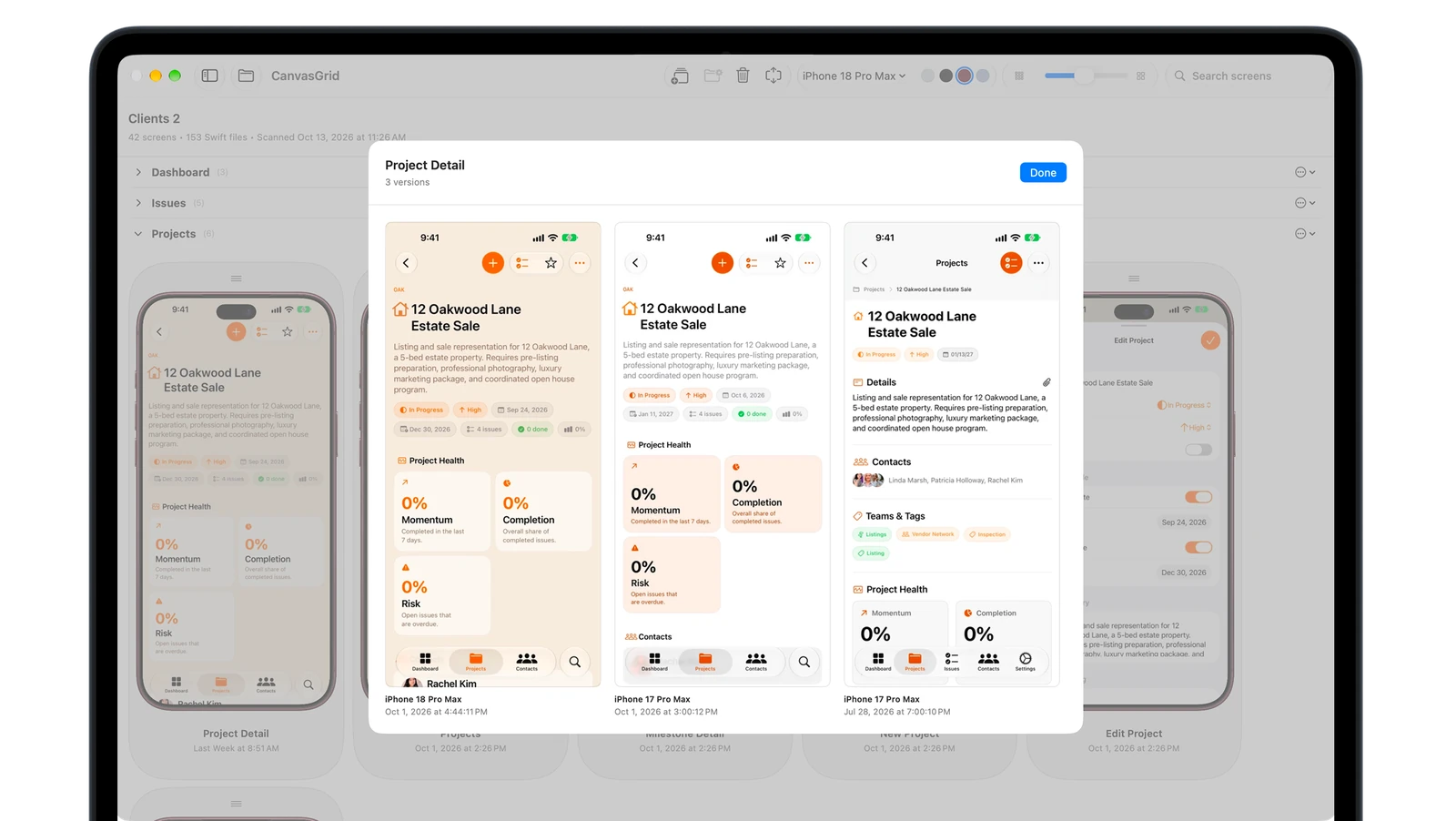 CanvasGrid on a Mac comparing three versions of the Clients project detail screen across iPhone 18 Pro Max and iPhone 17 Pro Max