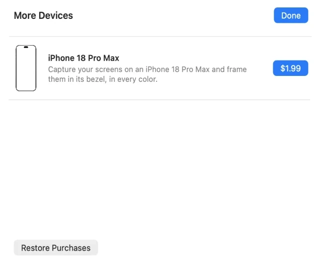 More Devices sheet showing the iPhone 18 Pro Max module for $1.99