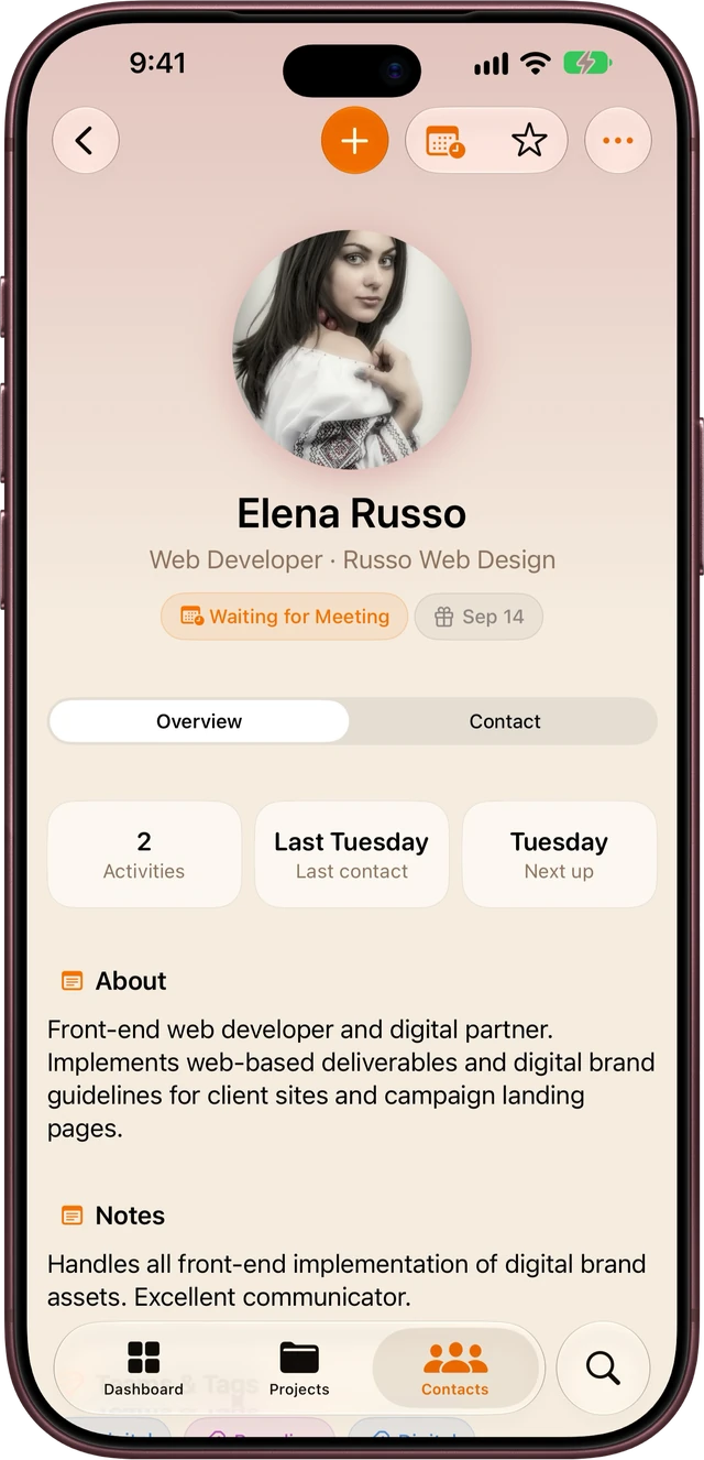 Clients contact screen exported inside a Burgundy iPhone frame